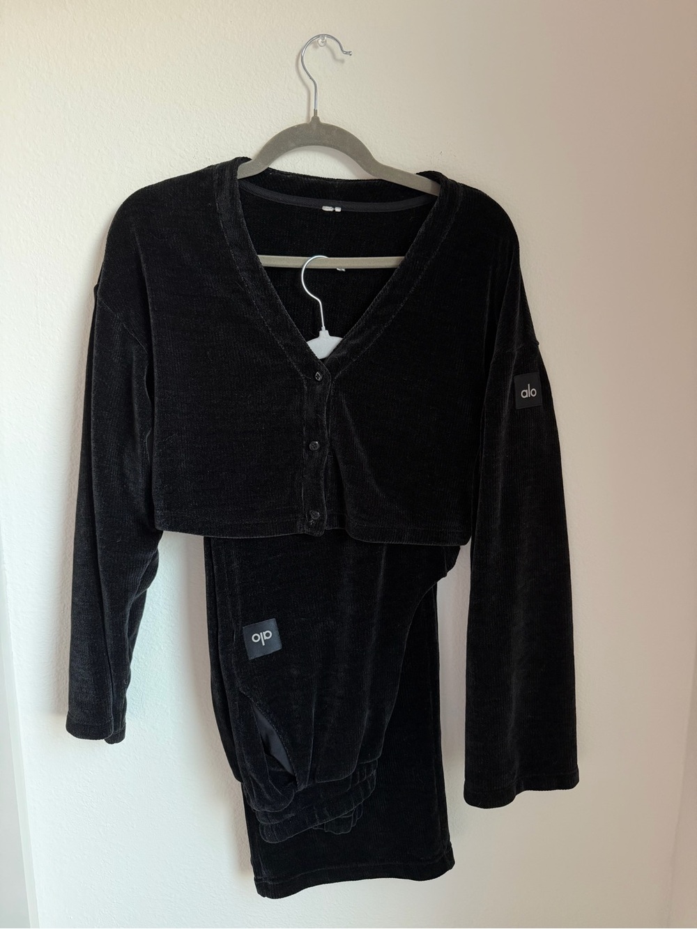 Alo Chenille Chalet Set Black Velour Button-Up Cardigan and Pants